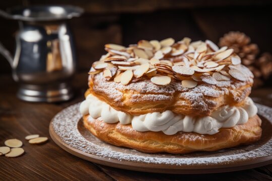 Detailed view of a traditional French Paris-Brest dessert, adorned with almonds and dusted with sugar, on a wooden bakery table