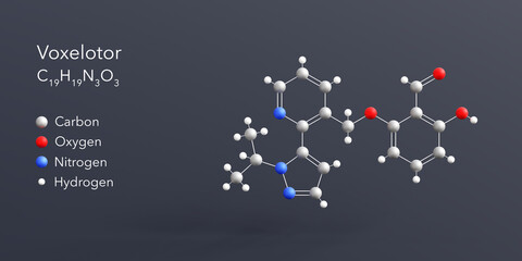 voxelotor molecule 3d rendering, flat molecular structure with chemical formula and atoms color coding
