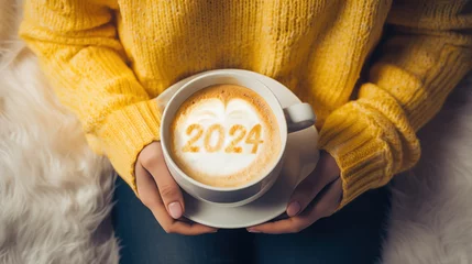 Fotobehang Happy New Year 2024 female hands holding coffee mug on frothy surface of cappuccino served number 2024 in white coffee mug. new year new you. (top view), generative ai © OP38Studio