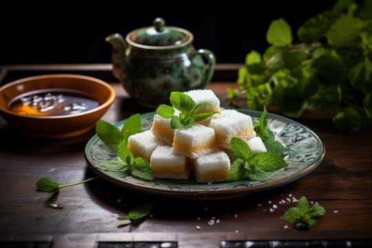 A detailed view of Banh khoai mi, a Vietnamese coconut and tapioca cake, served with a warm cup of tea
