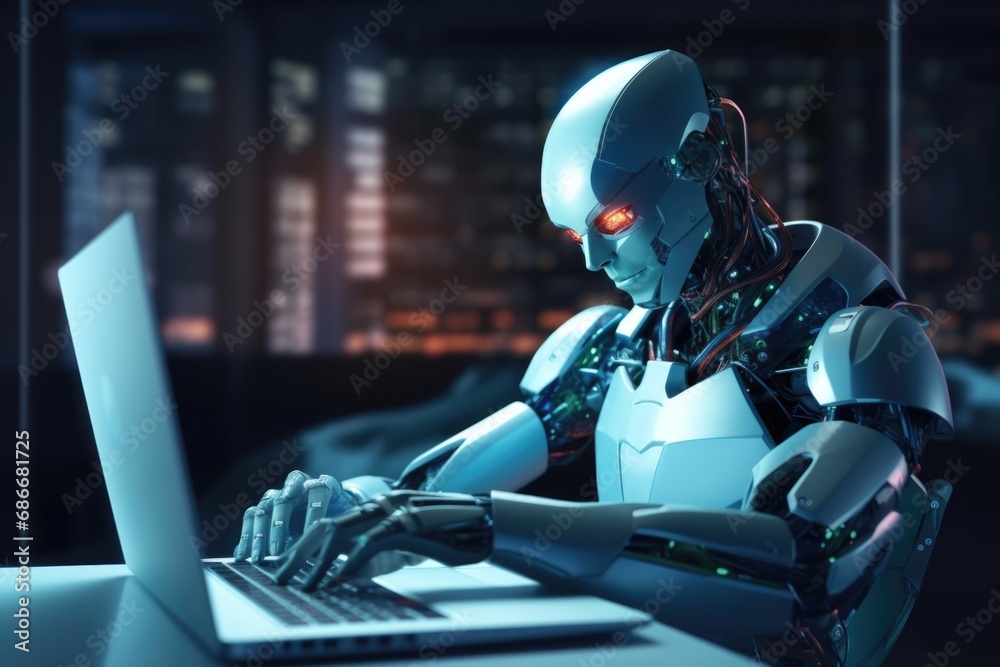 Poster a robot is seen typing on a laptop computer. this image can be used to illustrate technology, artifi