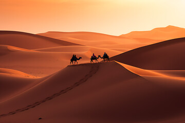 Camel caravan in the Sahara desert at sunset