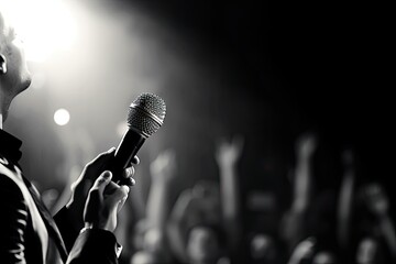 Close up microphone in hand of singer - obrazy, fototapety, plakaty
