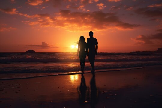 A picture of a man and a woman walking together on a beautiful beach at sunset. This image can be used to depict a romantic stroll on the beach or a peaceful evening by the ocean