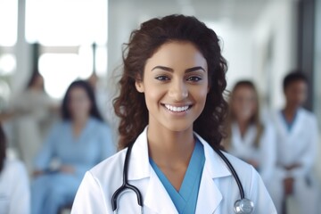 A professional woman wearing a white lab coat and holding a stethoscope. This image can be used to represent healthcare, medical professions, or doctor-patient interactions