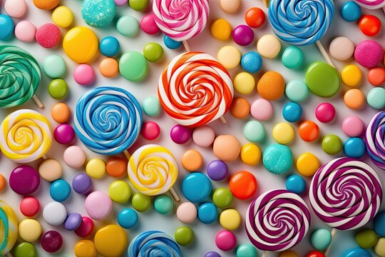 Colorful lollipops and different colored round candy