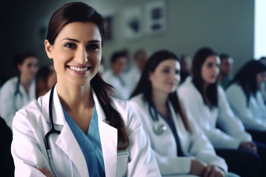 A professional woman wearing a white lab coat stands confidently in front of a group of people. This image can be used to represent leadership, teamwork, or a professional environment