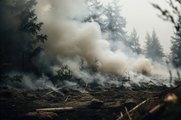 A picture depicting a forest fire with smoke billowing out. 