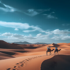 Fototapeta na wymiar Couple on camels in the Sahara desert