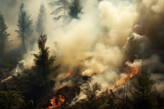 A devastating forest fire raging in the heart of a dense forest. This image can be used to depict the destructive power of wildfires and raise awareness about the importance of fire prevention
