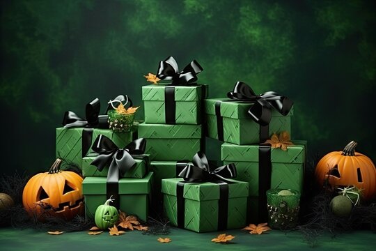 Composition with beautiful gift boxes on Halloween