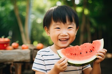 Cute asian little boy eating fresh slice of watermelon