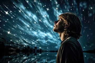 A young man looking up at the stars in the sky. Perfect for astronomy enthusiasts or dreamers