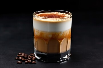 Dalgona frothy coffee in glass on grey