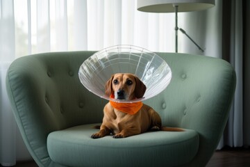 Dog in a vet cone on the couch in a bright Livingroom