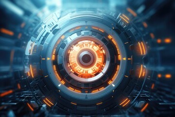 Fototapeta premium A picture of a circular object with orange lights in a dark room. This image can be used to create a mysterious or futuristic atmosphere