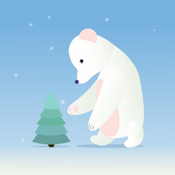 Polar bear and Christmas tree. Holiday card