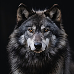 Wolf on black background closeup, ai technology