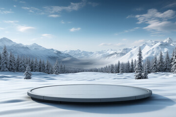 Wooden tabletop with round board and blurred winter scene. Background for display or montage your products.

