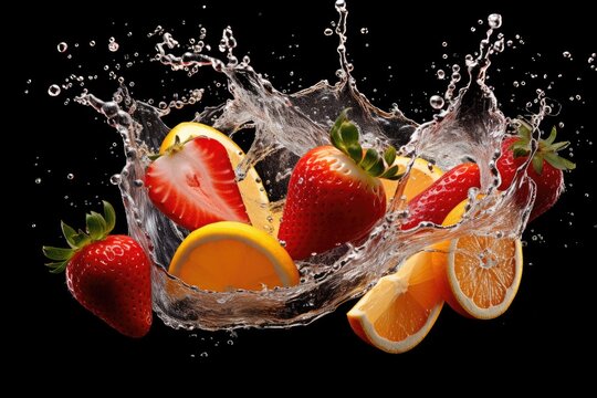 Flying splashes drops of juice slices of orange and strawberry © Tymofii