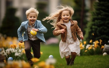 Obraz premium Easter hunting happy kids running outside on the green grass in the garden. Active children playing in the yard. Easter party activity poster. AI Generative.