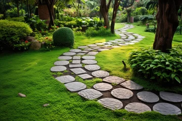 Gordijnen Garden path paving stones and grass © Tymofii