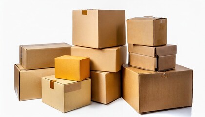 Various cardboard boxes for shipping, isolated, white background, mockup