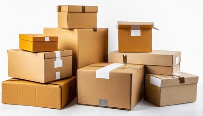 Fototapeta premium Various cardboard boxes for shipping, isolated, white background, mockup