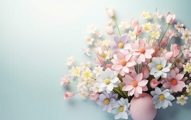 Happy Easter poster with bouquet of spring flowers in pink vase isolated on blue background. Floral illustration, pastel colors, copy space. Spring design for posters, greeting cards. AI Generative.