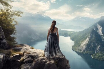 Woman on a cliff with a huge lake in the background