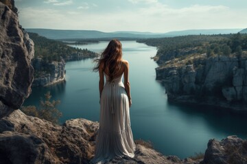 Woman on a cliff with a huge lake in the background - obrazy, fototapety, plakaty