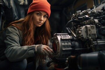 A woman wearing a red hat is seen working on a machine. This image can be used to depict a skilled worker or a professional operating machinery