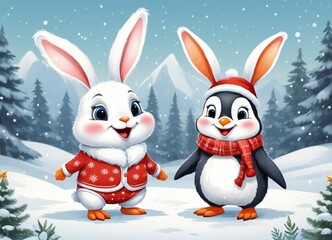 Cute cartoon penguins and rabbit standing next to each other in the snow - 686683990