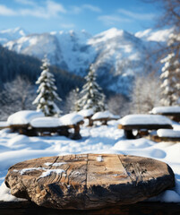 Wooden natural log on a background of winter. Podium for products. Natural resources. Advertise your product