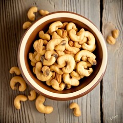 Fototapeta premium Roasted cashews in bowl on wooden table. Top view poured into a bowl salt natural food snack crunchy crescent Generative AI 