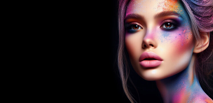 Young attractive girl in bright art-makeup, body painting. Generative AI.