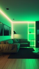Living room futuristic interior with vibrant neon lights, creating a modern and energetic atmosphere. The neon accents add a contemporary touch, illuminating the space with a dynamic and stylish flair