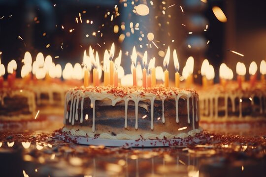 A close-up view of a birthday cake with lit candles. This image can be used to celebrate birthdays or special occasions.