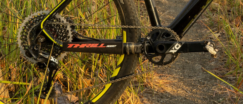 Close up Sram X0 Eagle mountain bike drive train in Surabaya, Indonesia on August 07, 2023