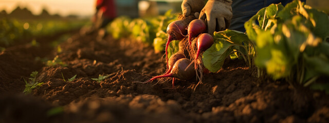 red beet in hands harvesting.Beetroot with green leaves. - obrazy, fototapety, plakaty