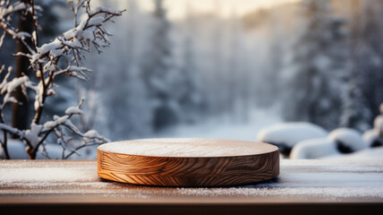 Beautiful winter scene. blurred background of snowy christmas nature background, Wood table top on shiny bokeh. For product display Christmas time mock up