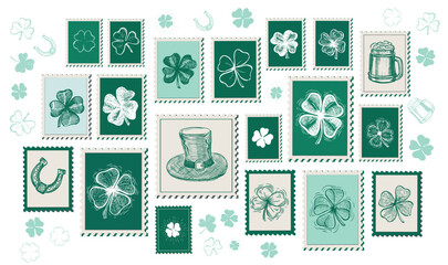 St. Patrick's Day set, Stamps, mail, postcard, Hand drawn illustrations	

