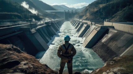 An engineer stands in front of a dam