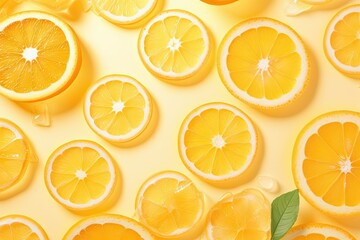 Fototapeta premium Orange slices and ice cubes with sparkling juice