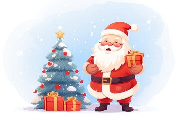 Santa holding a present standing next to a decorated Christmas tree