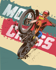 Poster illustration in retro style featuring a moto racer riding a motocross motorbike