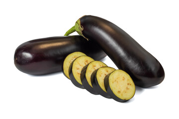 Fresh eggplants isolated on white background with clipping path