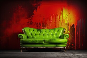 Green sofa and red background