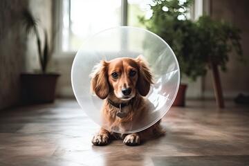 Sad dog in a vet cone at home