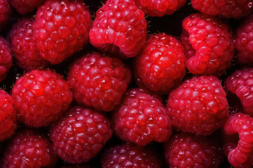 seamless background of many beautiful and shiny raspberry, top view.